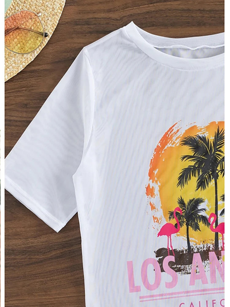 2024 New Tropical Print Three Pieces Bikini Set Thong Women Swimsuit with Cover Up Short Sleeve Biquini Swimwear Bathing Suit
