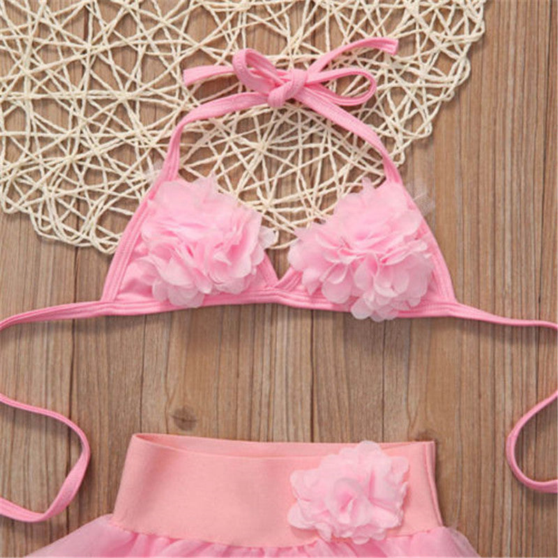1-6years Baby Girls Swimwear Solid Pink Hanging-Neck Floral Top Tutu Skirt With Panty Swimsuits For Girl Summer Beach Bikini Set