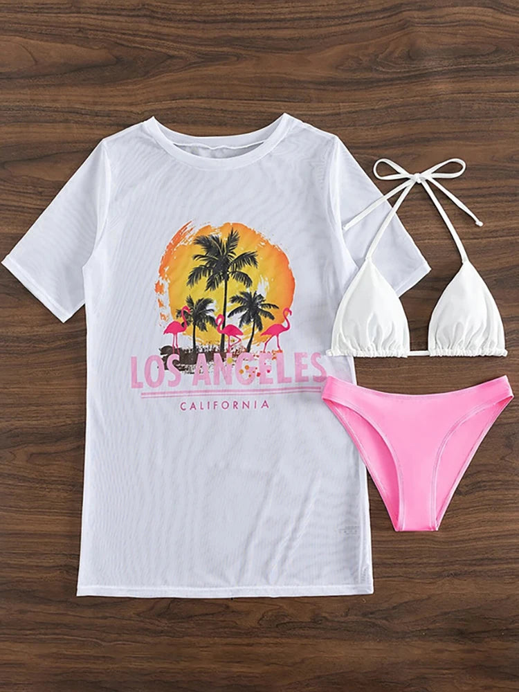 2024 New Tropical Print Three Pieces Bikini Set Thong Women Swimsuit with Cover Up Short Sleeve Biquini Swimwear Bathing Suit