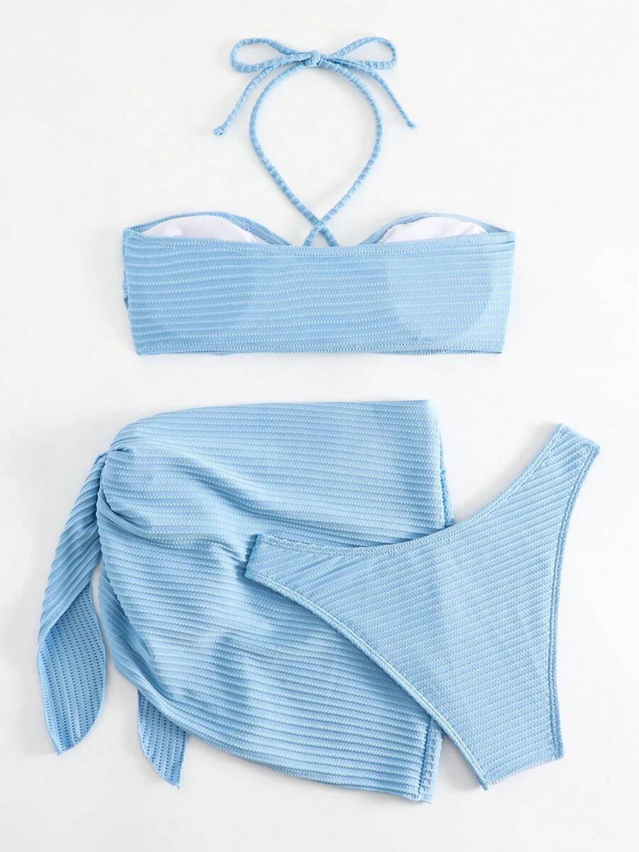 2025 Solid Halter String 3 Piece Bikini String Skirt Swimsuit Women Swimwear Female Bather Bathing Swimming Swim Suit Beachwear