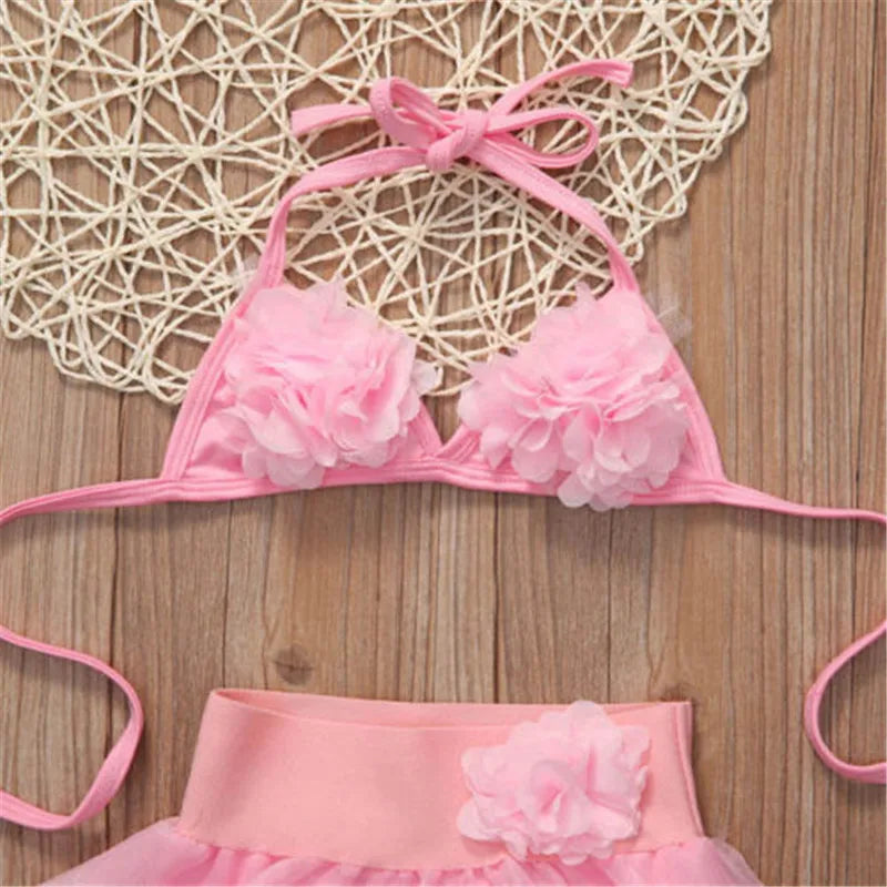 1-6years Baby Girls Swimwear Solid Pink Hanging-Neck Floral Top Tutu Skirt With Panty Swimsuits For Girl Summer Beach Bikini Set