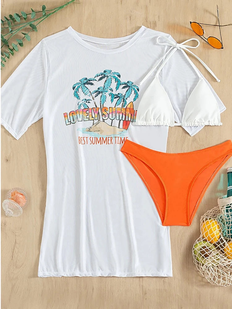 2024 New Tropical Print Three Pieces Bikini Set Thong Women Swimsuit with Cover Up Short Sleeve Biquini Swimwear Bathing Suit