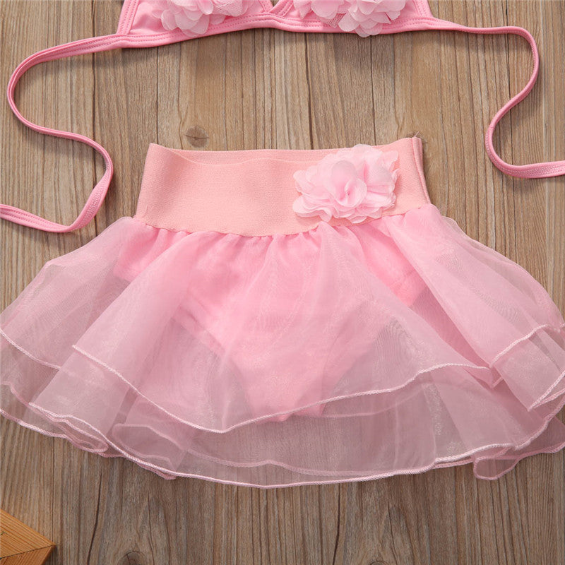 1-6years Baby Girls Swimwear Solid Pink Hanging-Neck Floral Top Tutu Skirt With Panty Swimsuits For Girl Summer Beach Bikini Set