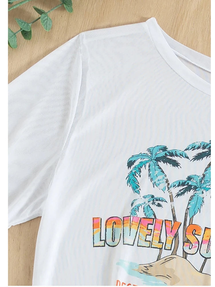 2024 New Tropical Print Three Pieces Bikini Set Thong Women Swimsuit with Cover Up Short Sleeve Biquini Swimwear Bathing Suit