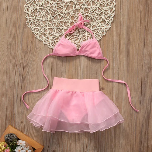 1-6years Baby Girls Swimwear Solid Pink Hanging-Neck Floral Top Tutu Skirt With Panty Swimsuits For Girl Summer Beach Bikini Set