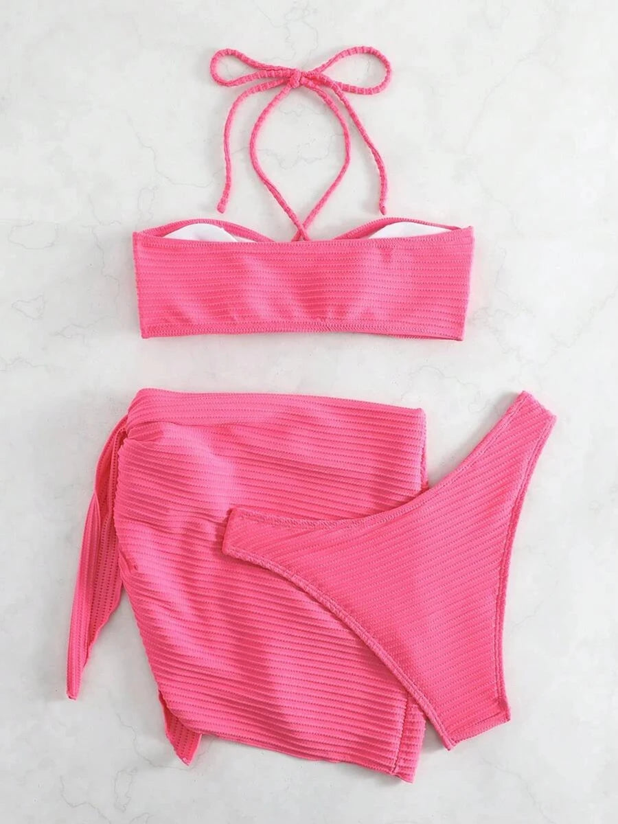 2025 Solid Halter String 3 Piece Bikini String Skirt Swimsuit Women Swimwear Female Bather Bathing Swimming Swim Suit Beachwear