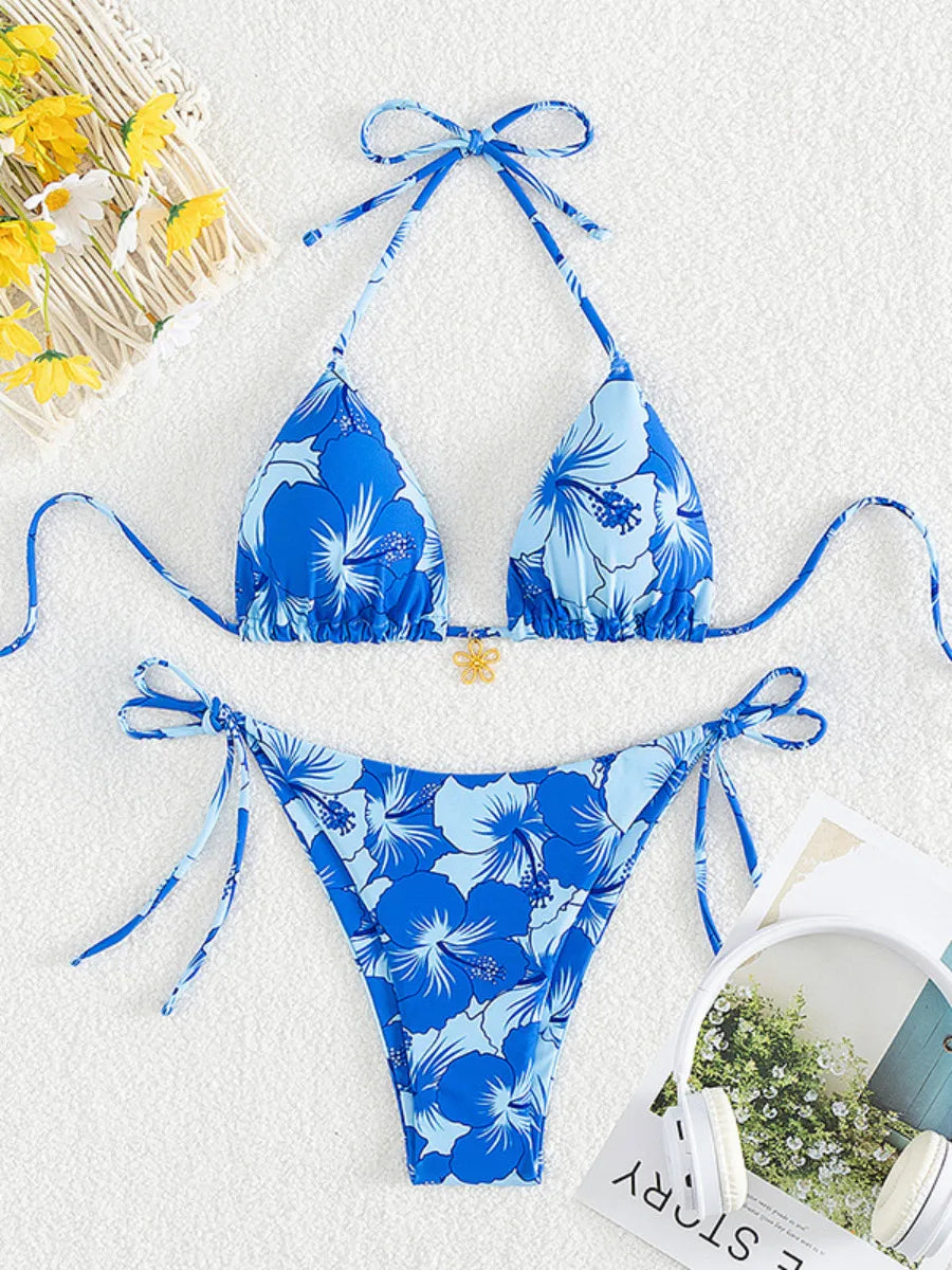 Bikini Set Women's Print 2 Piece Swimsuit Sexy Lace-up Triangle Halter Backless Swimwear Beach Vacation Bathing Suit 2025 New